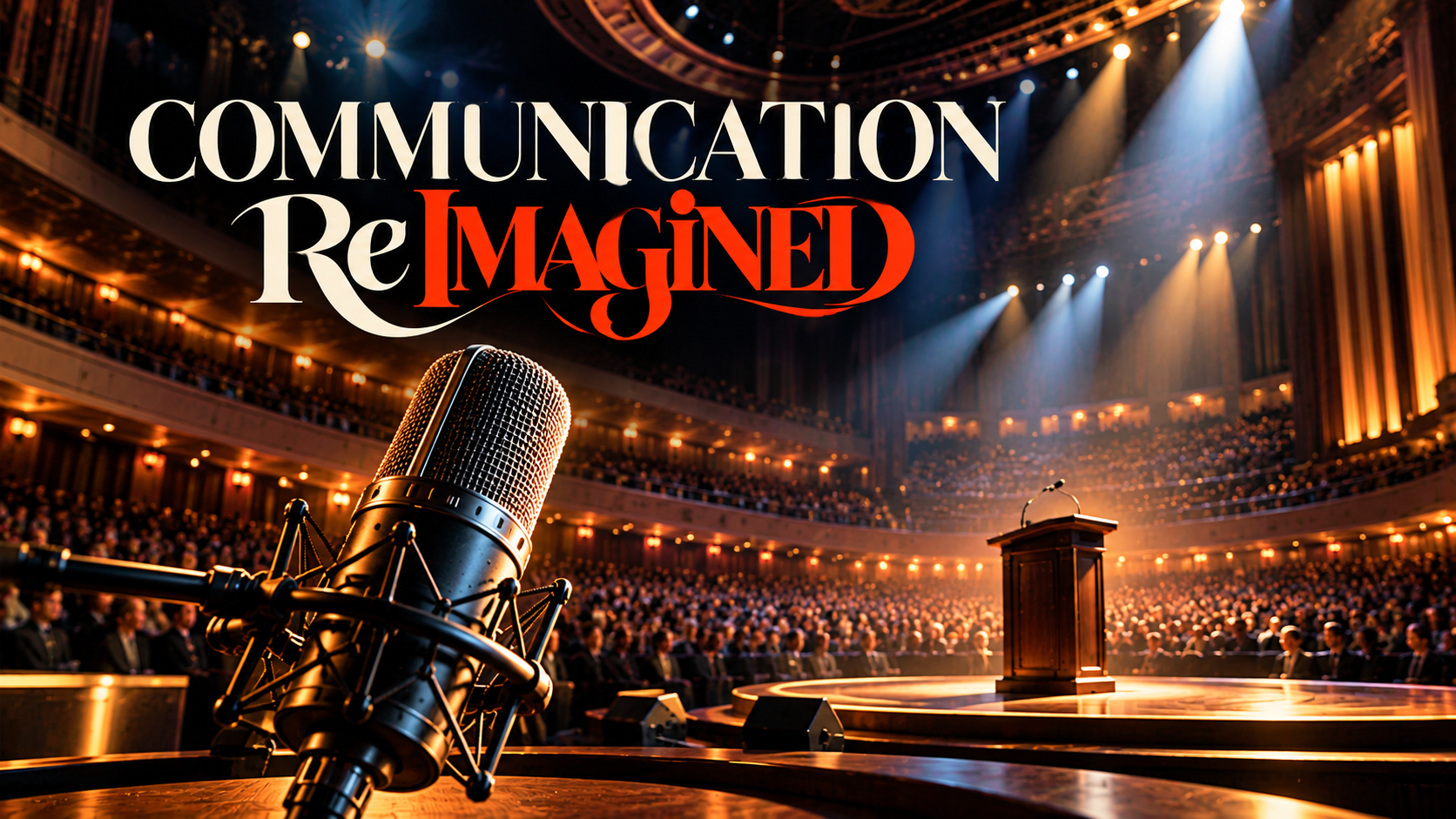 Communication Reimagined artwork featuring a studio microphone and auditorium stage