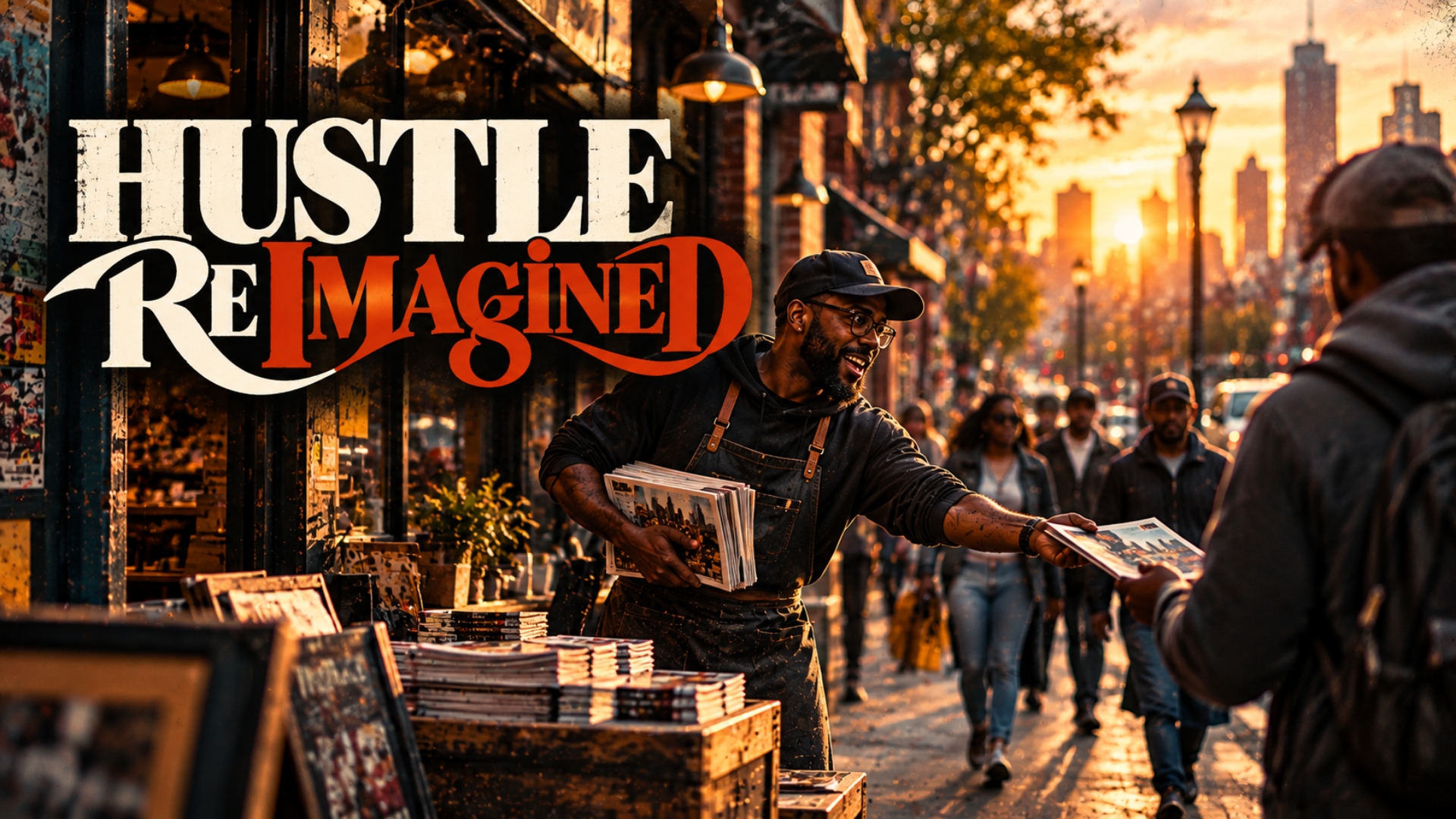 Hustle Reimagined artwork showing a creative entrepreneur sharing printed work on a city street