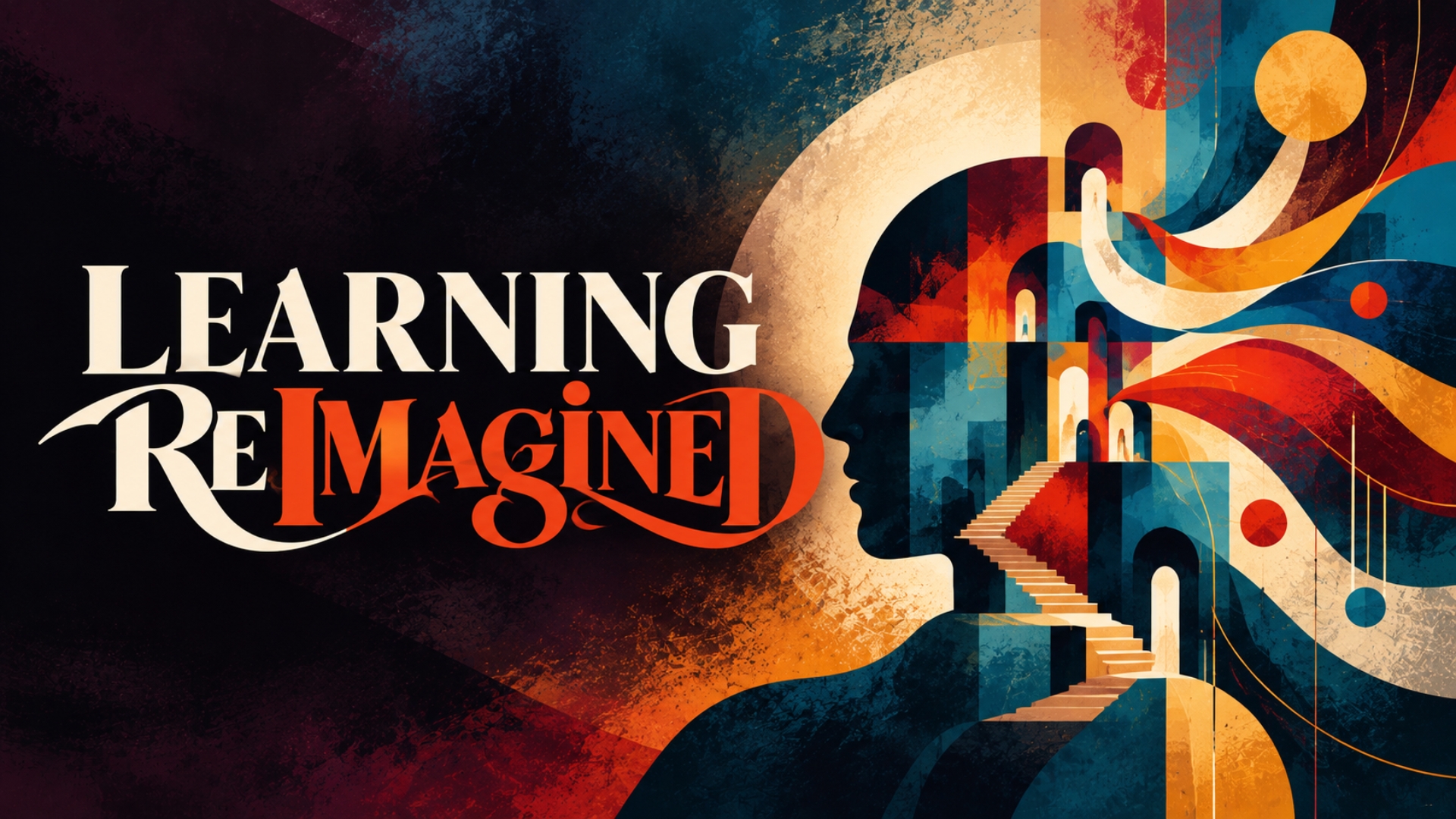 Learning Reimagined artwork featuring a profile filled with colorful architectural forms